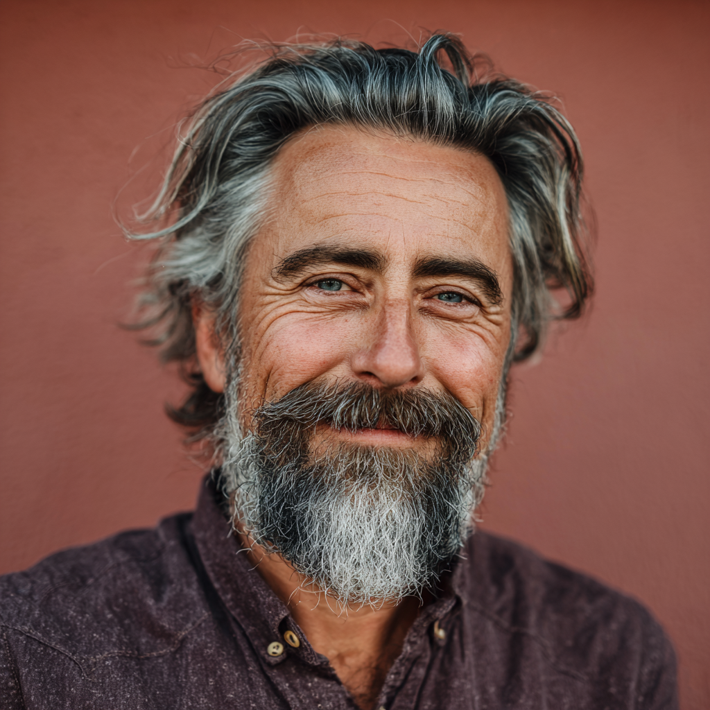 Middle-aged man in his early fifties with gray hair and beard, wearing casual shirt and displaying genuine smile