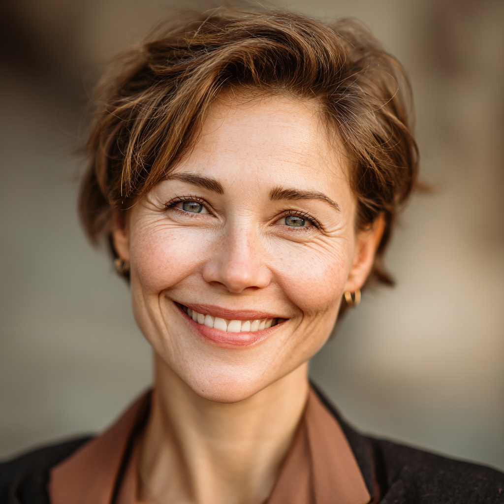 Professional woman in her late forties with short brown hair, wearing business attire and smiling warmly at camera