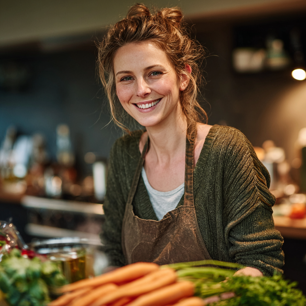 Smiling woman in her forties preparing healthy vegetables in modern kitchen, looking confident and energetic while meal planning
